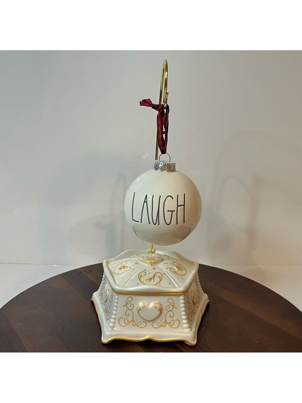 Rae Dunn “LAUGH” Christmas Ornament – White Ceramic with Plaid Ribbon